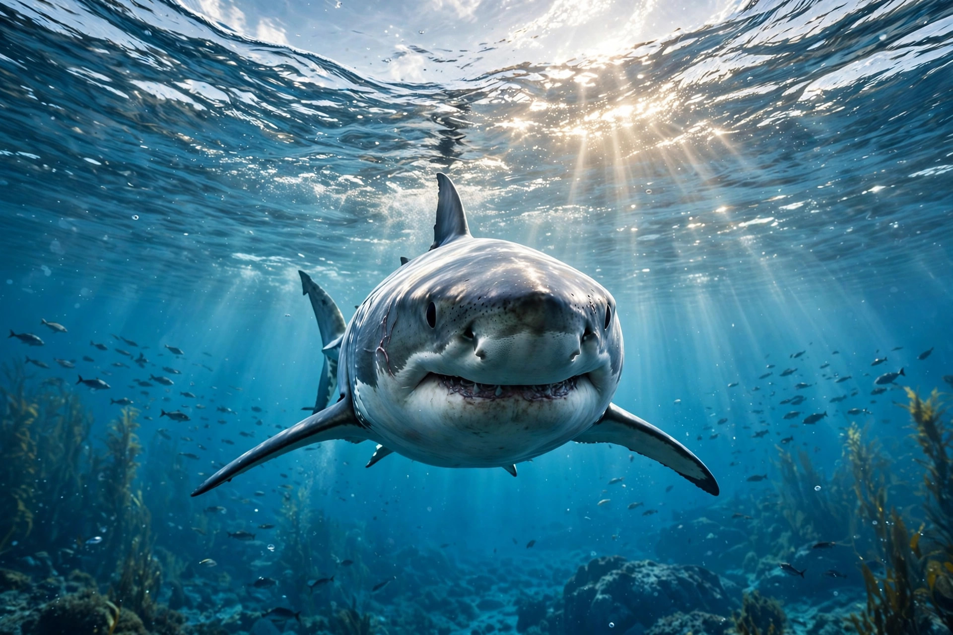 A shark swimming toward the viewer just below the ocean surface