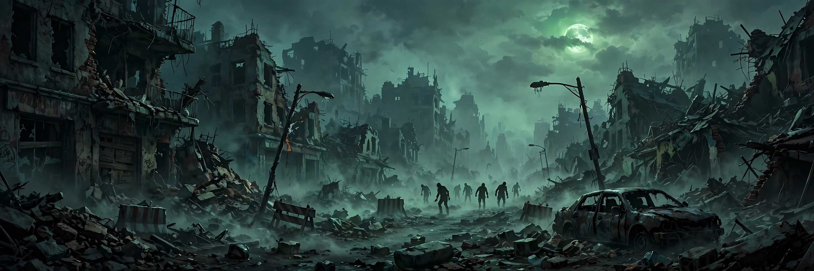 Zombie silhouettes in a ruined, foggy city street at night