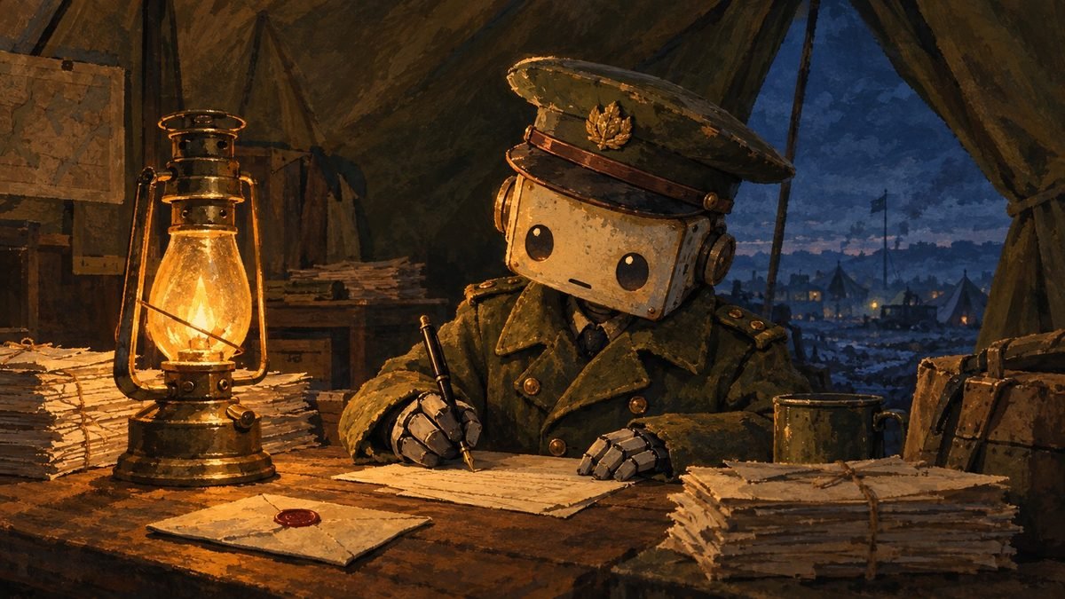 Pip Paperwork, a robot captain writing letters by lantern light