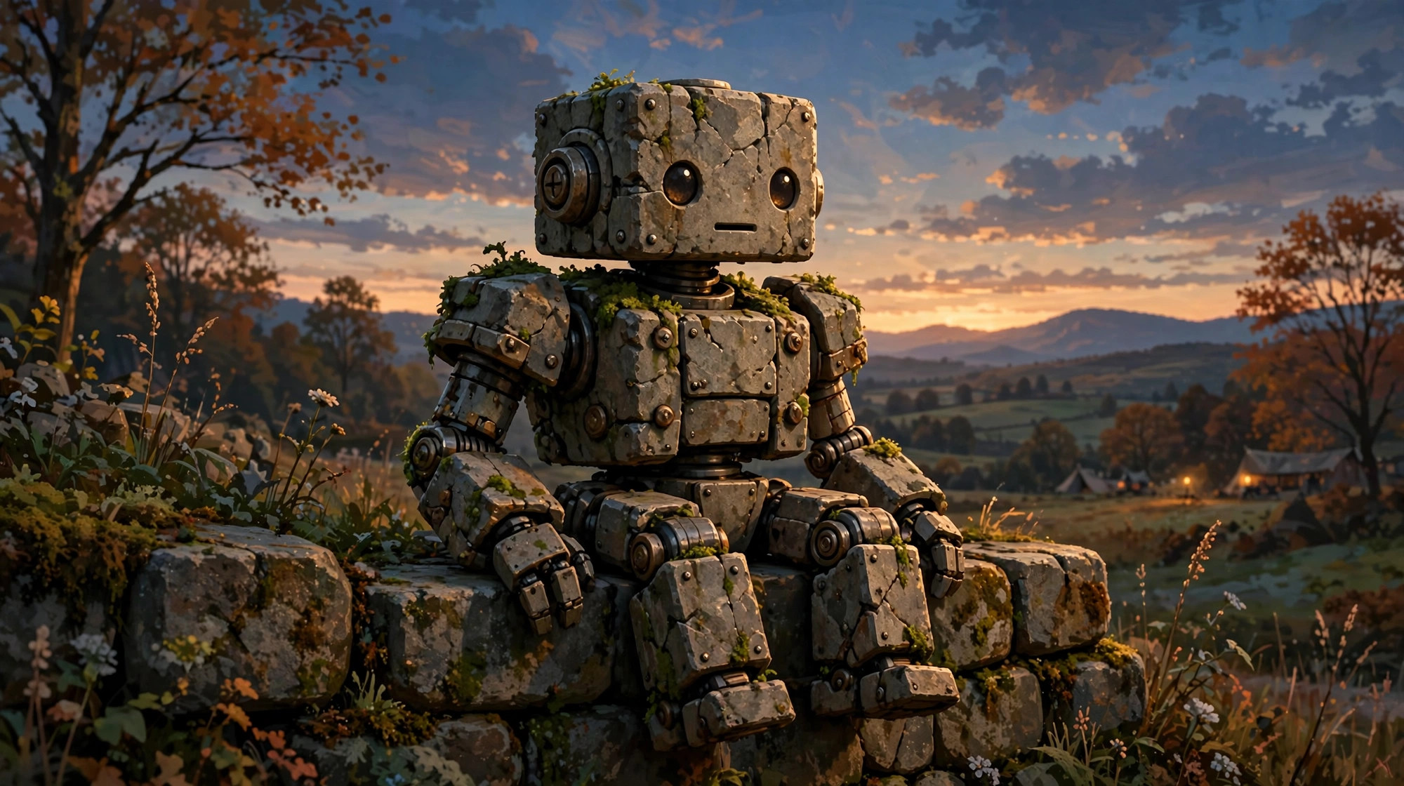 Stonewall, a stone robot sitting on a mossy stone wall at dusk