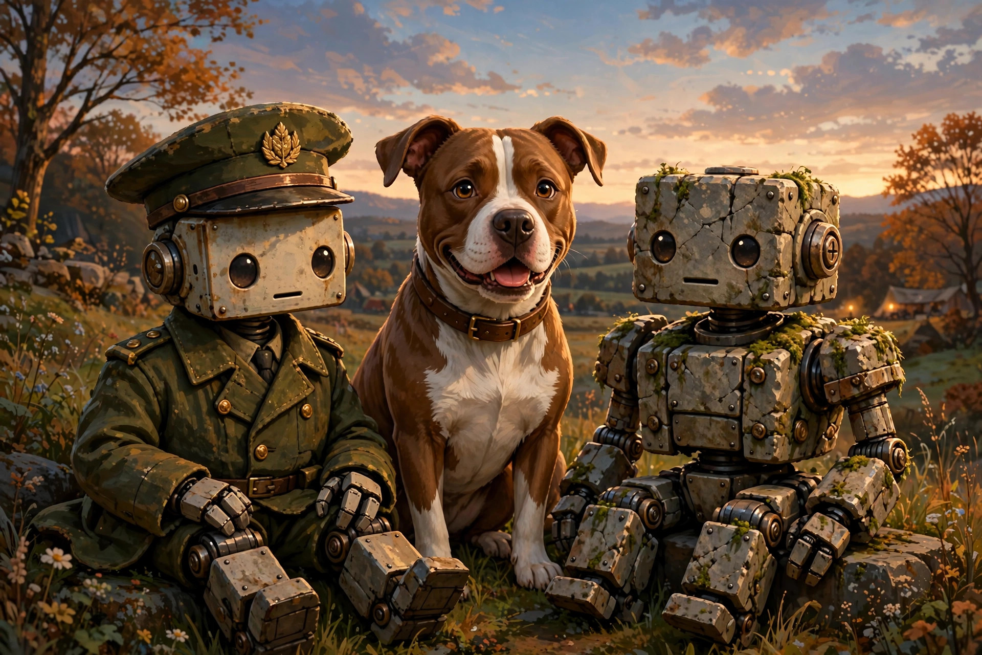 Mushroom, a brown-and-white pit bull, sitting between Pip and Stonewall